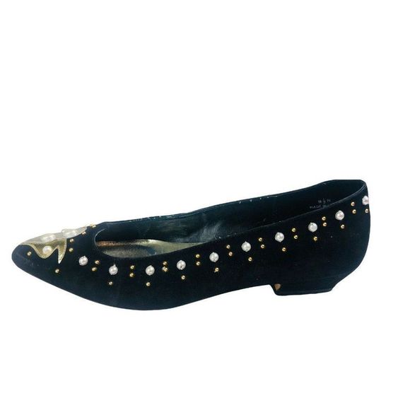 VTG J. Renee black suede pearl accent studded pointed to kitten heel shoes - Picture 1 of 8